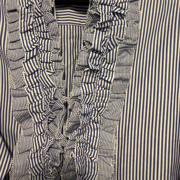 Thomas Mason® for J.Crew Ruffle-Front Top 💙 White & Blue – Size 14 – 0058 - Picture 4 of 7